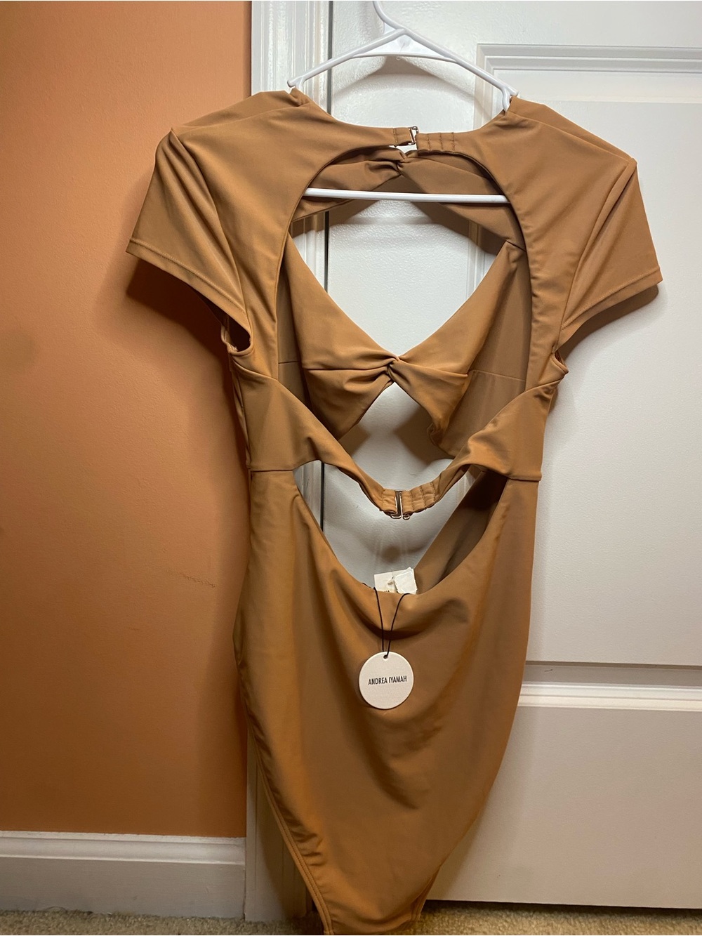 Andrea Iyamah Cutout Midi Dress in Camel